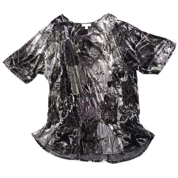Dressbarn Velour Top Womens 22/24 Black Gray Silver Peplum Short Sleeve Shimmer - Picture 1 of 7